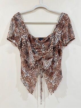 Mixed Threads Y2K Leopard Mesh Ruched Drawstring Handkerchief Top Indie Sleaze